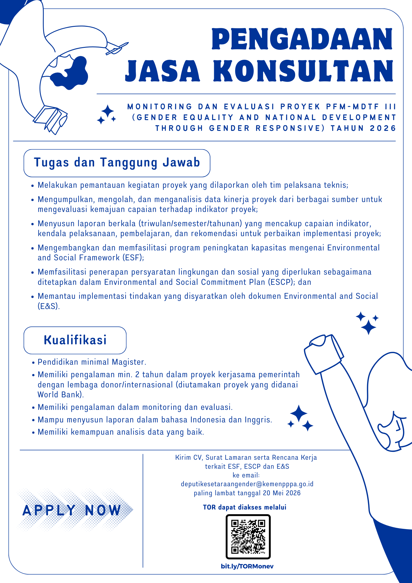 Pengumuman Rekrutmen Konsultan Monitoring dan Evaluasi Proyek PFM-MDTF III (Gender Equality and National Development Through Gender Responsive) Tahun 2026